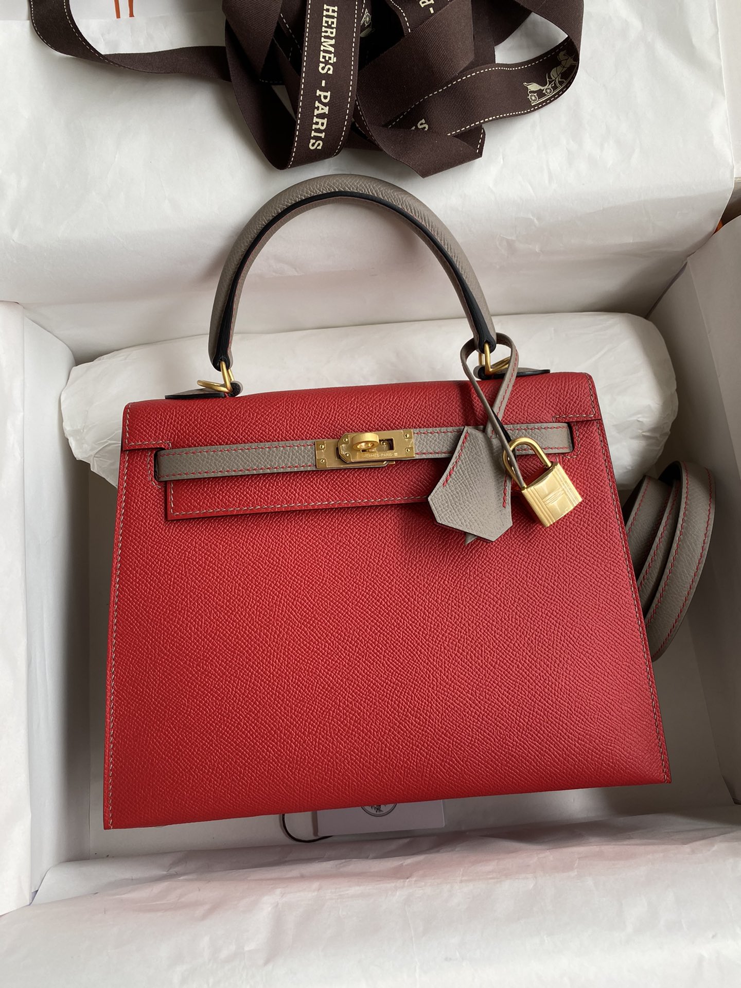 Hermes Kelly 25cm Handbag Shoulder Bag in Red Grey Epsom Leather